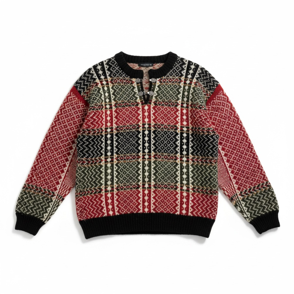 Norway Nordic Wool Sweater Handmade Fair Isle Knit V-Neck Pewter Clasp Size S